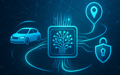 Smart-Car-System mit KI, Standort- und Sicherheitsfunktionen auf blauem Netzwerk-Hintergrund.