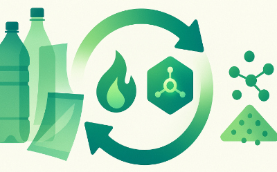 Recyclingprozess von Plastikflaschen: Verbrennung, chemische Aufbereitung und Wiederverwertung als Granulat.